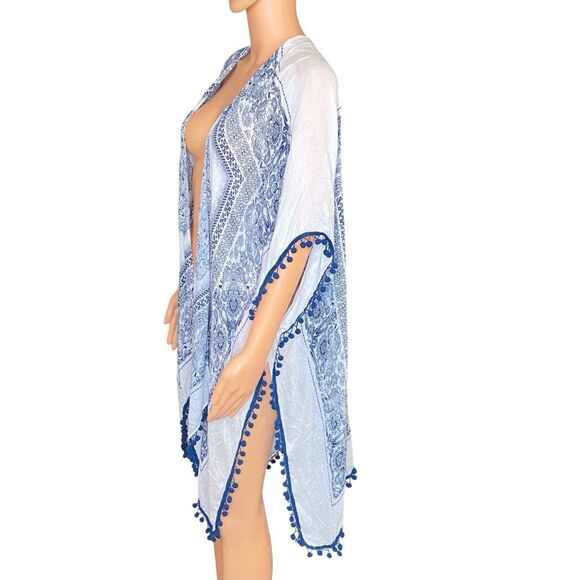 Woven Heart Blue White Kimono Swim Coverup Boho Hippie w Pom Pom Trim One Size - Picture 2 of 5